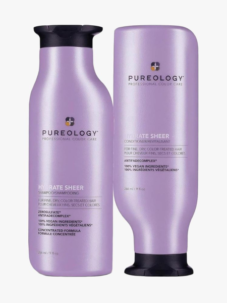Pureology Hydrate Sheer Nourishing Shampoo & Conditioner Set in branded components on a light gray background