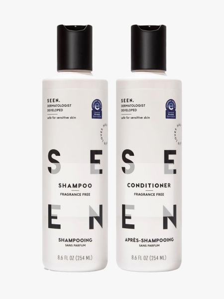 SEEN Shampoo and Conditioner in branded components on a light gray background